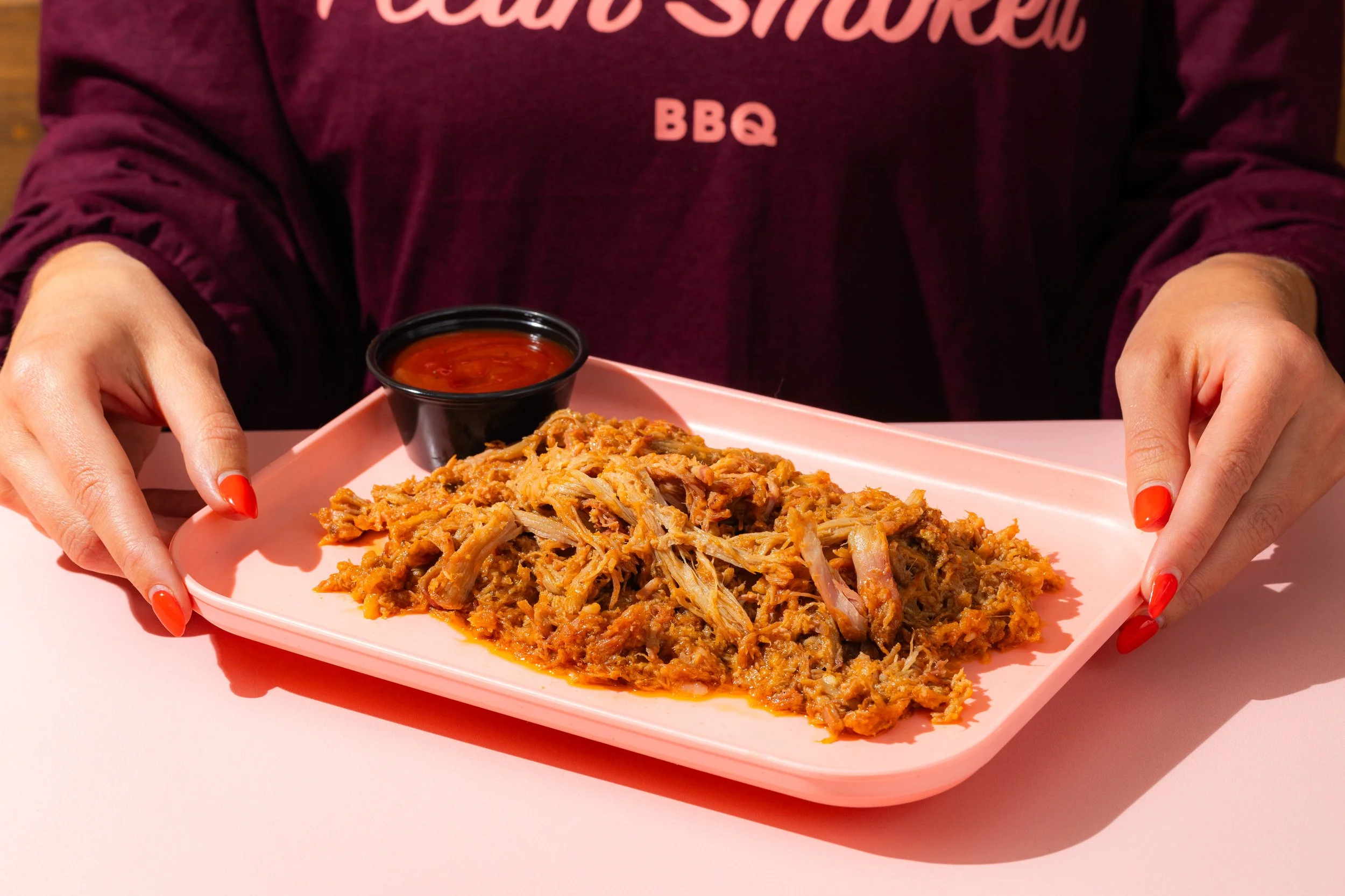 Pulled Pork on a pink tray